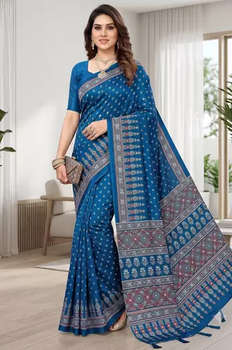 Blue Colour Mirror-work Border And Red Pallu Finished With Red Tassels (Latkan) With Ajarakh Print Gajji Silk Saree