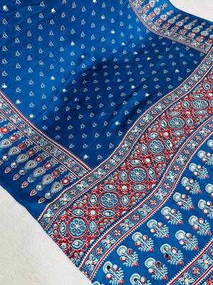 Blue Colour Mirror-work Border And Red Pallu Finished With Red Tassels (Latkan) With Ajarakh Print Gajji Silk Saree 3