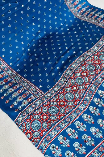 Blue Colour Mirror-work Border And Red Pallu Finished With Red Tassels (Latkan) With Ajarakh Print Gajji Silk Saree