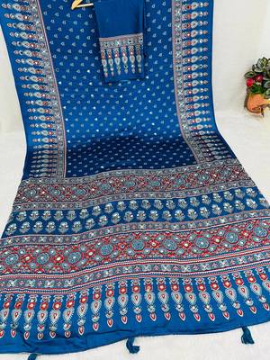 Blue Colour Mirror-work Border And Red Pallu Finished With Red Tassels (Latkan) With Ajarakh Print Gajji Silk Saree 4