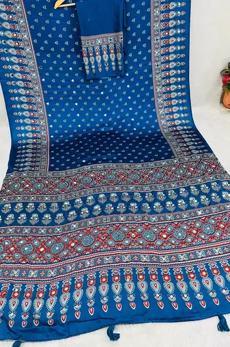 Blue Colour Mirror-work Border And Red Pallu Finished With Red Tassels (Latkan) With Ajarakh Print Gajji Silk Saree