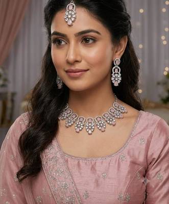 baby pink rhodium-plated agate stone necklace set with earrings & maang tikka 1