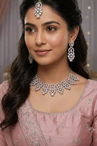 baby pink rhodium-plated agate stone necklace set with earrings & maang tikka