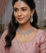 baby pink rhodium-plated agate stone necklace set with earrings & maang tikka