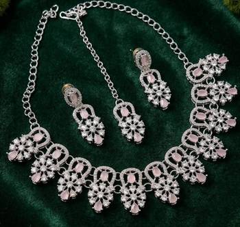 baby pink rhodium-plated agate stone necklace set with earrings & maang tikka 2