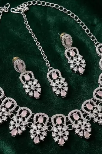 baby pink rhodium-plated agate stone necklace set with earrings & maang tikka