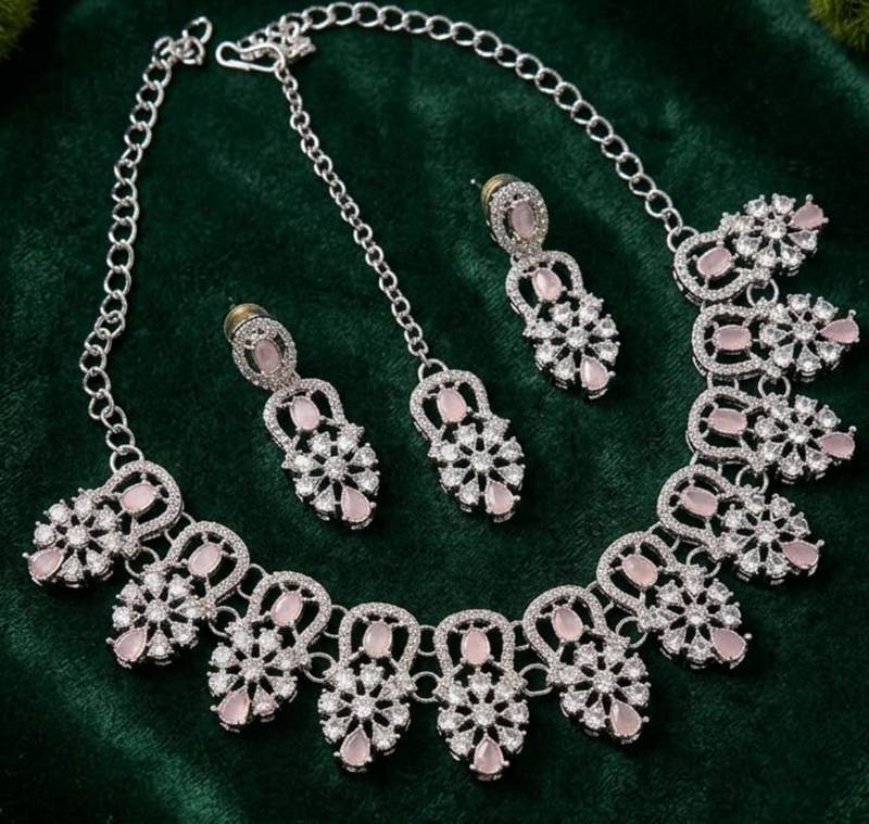 baby pink rhodium-plated agate stone necklace set with earrings & maang tikka