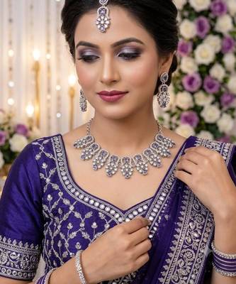 purple rhodium-plated agate stone necklace set with earrings & maang tikka 1