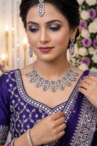 purple rhodium-plated agate stone necklace set with earrings & maang tikka