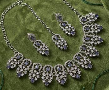 purple rhodium-plated agate stone necklace set with earrings & maang tikka 2