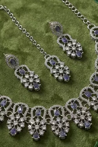 purple rhodium-plated agate stone necklace set with earrings & maang tikka
