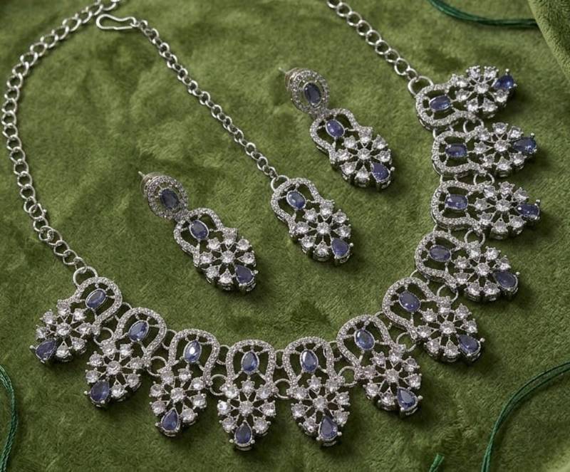 purple rhodium-plated agate stone necklace set with earrings & maang tikka