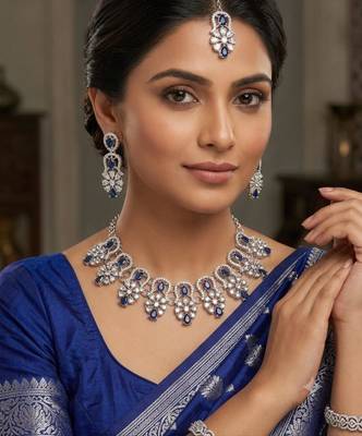 blue rhodium-plated agate stone necklace set with earrings & maang tikka 1