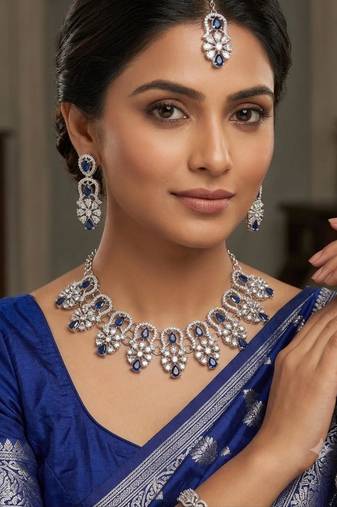 blue rhodium-plated agate stone necklace set with earrings & maang tikka