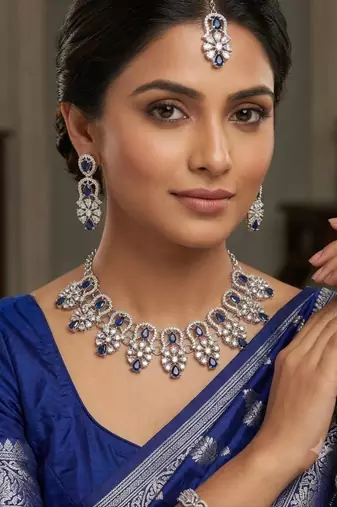blue rhodium-plated agate stone necklace set with earrings & maang tikka