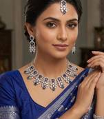 blue rhodium-plated agate stone necklace set with earrings & maang tikka