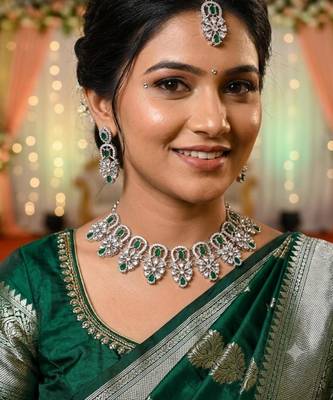green rhodium-plated agate stone necklace set with earrings & maang tikka 1