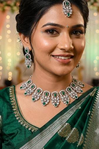 green rhodium-plated agate stone necklace set with earrings & maang tikka