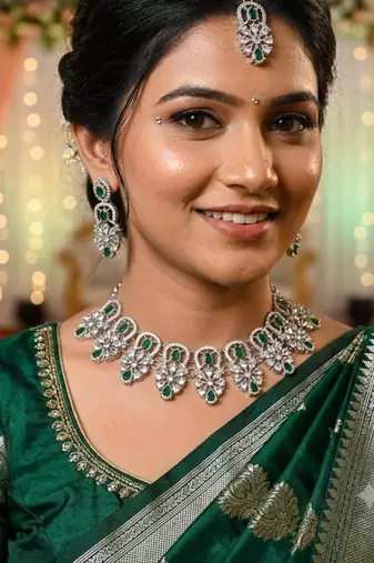 green rhodium-plated agate stone necklace set with earrings & maang tikka