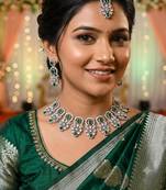 green rhodium-plated agate stone necklace set with earrings & maang tikka
