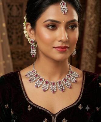 maroon rhodium-plated agate stone necklace set with earrings & maang tikka 1