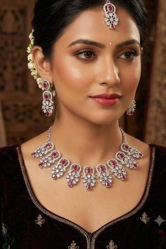 maroon rhodium-plated agate stone necklace set with earrings & maang tikka