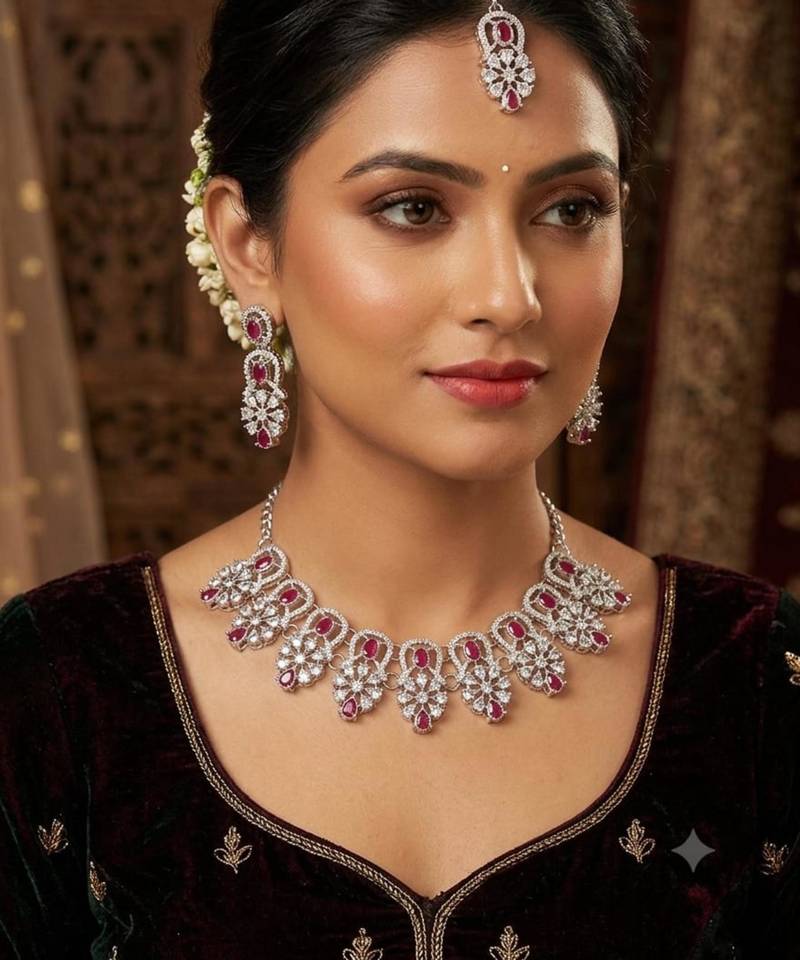 maroon rhodium-plated agate stone necklace set with earrings & maang tikka