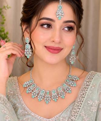 pista rhodium-plated agate stone necklace set with earrings & maang tikka 1