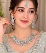 pista rhodium-plated agate stone necklace set with earrings & maang tikka