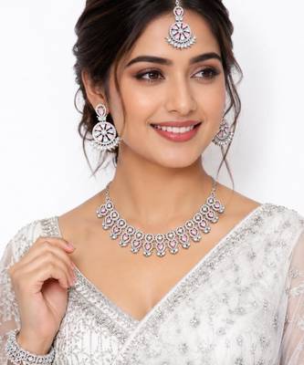 baby pink rhodium-plated agate stone necklace set with earrings & maang tikka 1