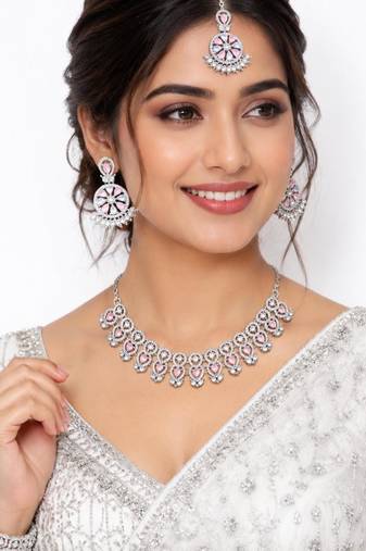 baby pink rhodium-plated agate stone necklace set with earrings & maang tikka
