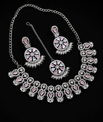 baby pink rhodium-plated agate stone necklace set with earrings & maang tikka 2
