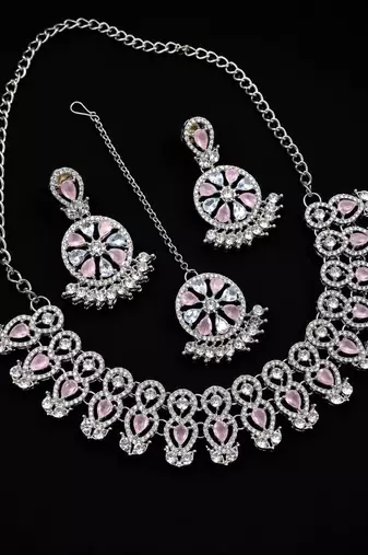 baby pink rhodium-plated agate stone necklace set with earrings & maang tikka
