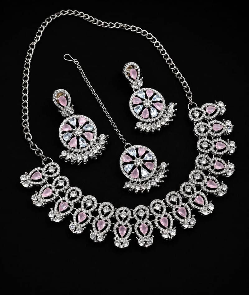 baby pink rhodium-plated agate stone necklace set with earrings & maang tikka