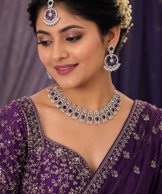 purple rhodium-plated agate stone necklace set with earrings & maang tikka 1