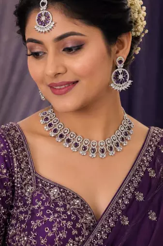 purple rhodium-plated agate stone necklace set with earrings & maang tikka