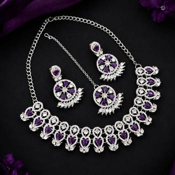 purple rhodium-plated agate stone necklace set with earrings & maang tikka 2