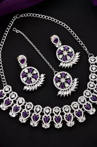 purple rhodium-plated agate stone necklace set with earrings & maang tikka