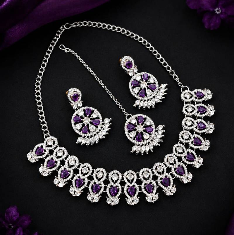 purple rhodium-plated agate stone necklace set with earrings & maang tikka