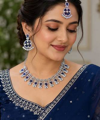 blue rhodium-plated agate stone necklace set with earrings & maang tikka 1