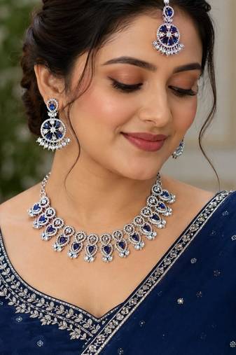 blue rhodium-plated agate stone necklace set with earrings & maang tikka