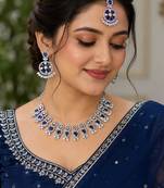 blue rhodium-plated agate stone necklace set with earrings & maang tikka