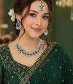green rhodium-plated agate stone necklace set with earrings & maang tikka