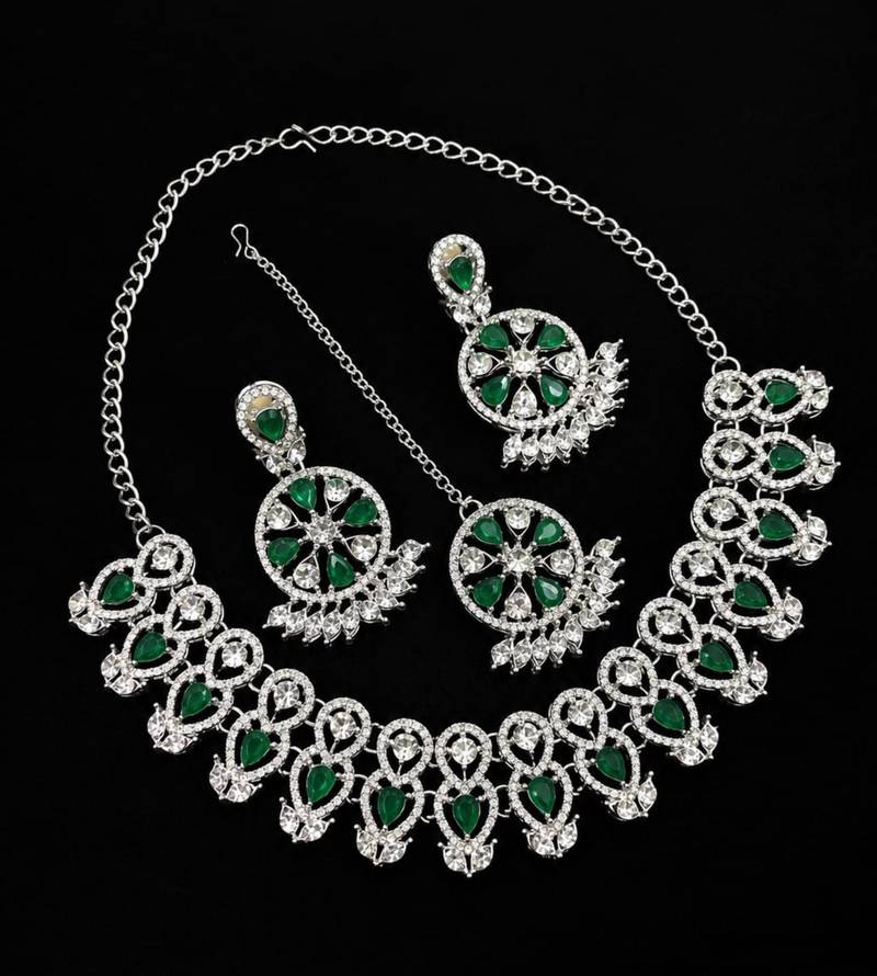 green rhodium-plated agate stone necklace set with earrings & maang tikka