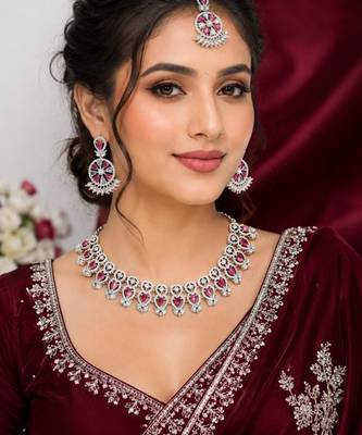 maroon rhodium-plated agate stone necklace set with earrings & maang tikka 1