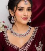 maroon rhodium-plated agate stone necklace set with earrings & maang tikka