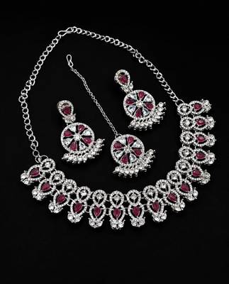 maroon rhodium-plated agate stone necklace set with earrings & maang tikka 2