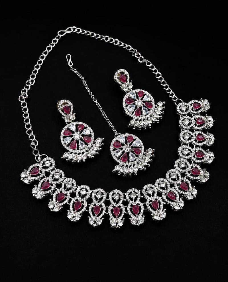 maroon rhodium-plated agate stone necklace set with earrings & maang tikka