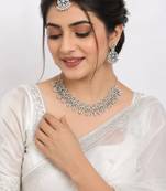 pista rhodium-plated agate stone necklace set with earrings & maang tikka