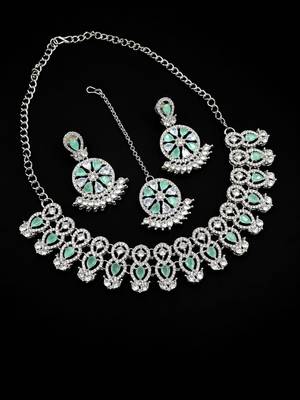 pista rhodium-plated agate stone necklace set with earrings & maang tikka 2